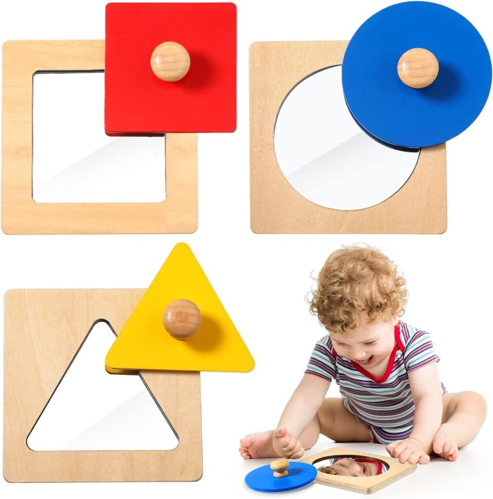 Civaner Montessori Mirror Puzzle Baby Peekaboo Knob Puzzles Colorful Baby Mirror Toy Wooden Geometric Shape Puzzle Sensorial Toys Birthday Gifts for Toddler Preschool()