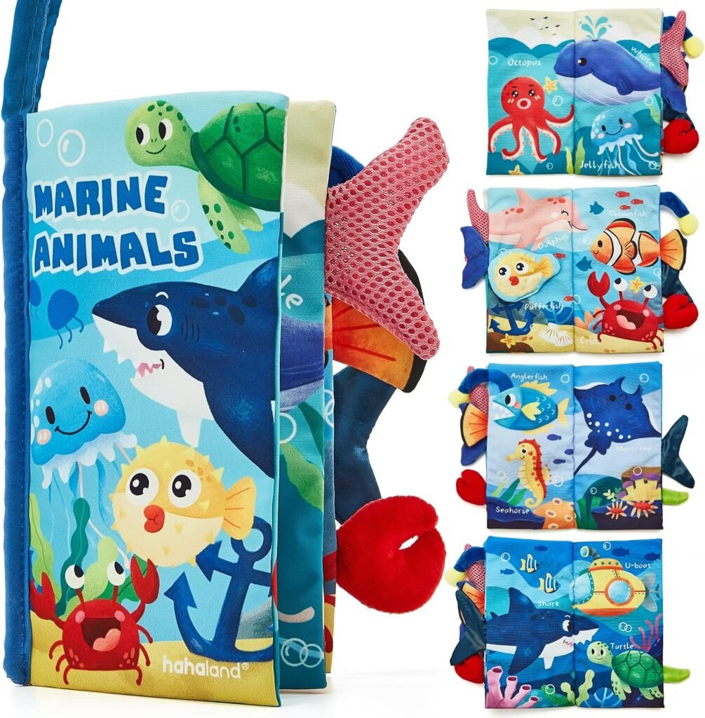 hahaland Baby Book Toy 0 3 6 12 Months, Baby First Crinkle Cloth Book for Babies 0 Months - Marine Life Theme