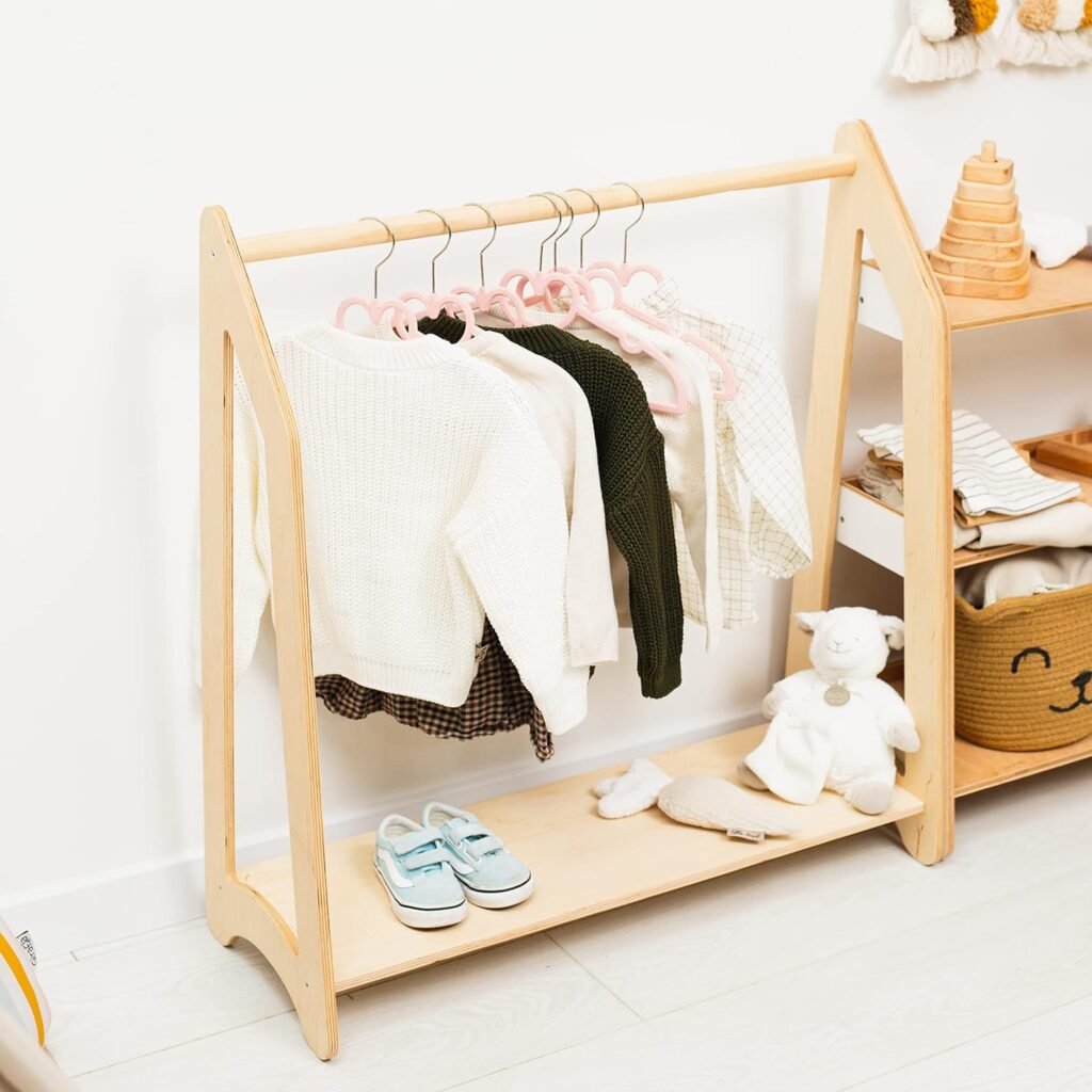 Montessori Clothes Rack Furniture for Toddler Wood Kids Wardrobe Natural Wooden Nursery Gift Birthday Baby Neutral Room Storage Playroom Kids Furniture Toddler Gift 2nd, 3rd Birthday (Color #9)