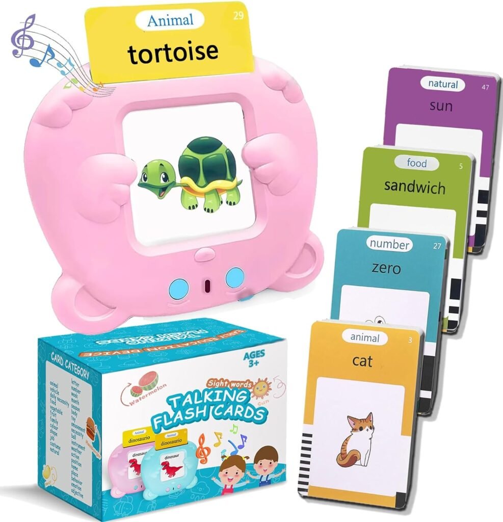 Talking Flash Cards Reader - Educational Toys for Toddlers, Autism Toys Speech Therapy Toys for Speech Development, Pocket Speech for Boys  Girls 1-5 Year Old-112 Cards (Bear-Pink-224Words)