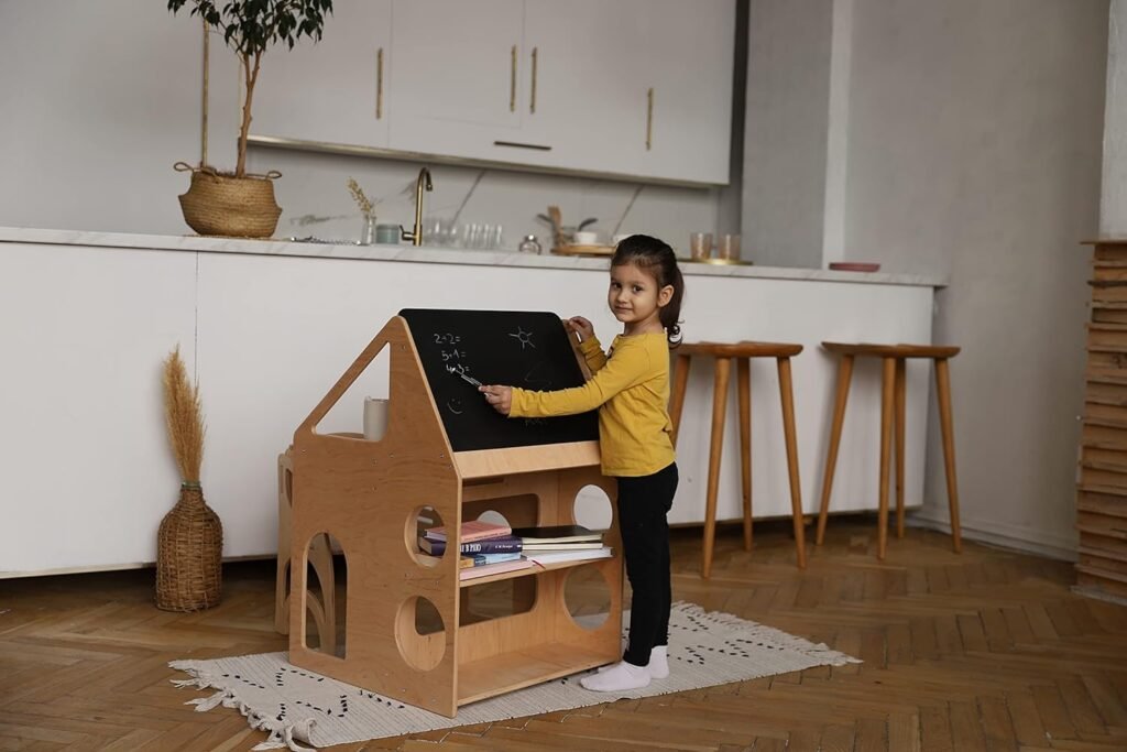 Woodandhearts Montessori Furniture Adjustable Desk with Chalkboard and Two Nursery Shelves Baby Gift Desk Organizer Busy Board Kids Bookshelf